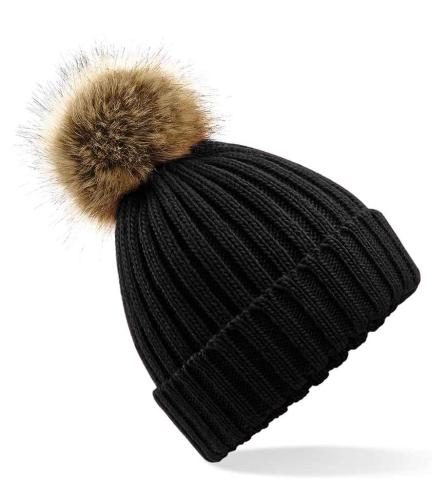 Beechfield Faux Fur Pop Pom Chunky Beanie - BLK - ONE